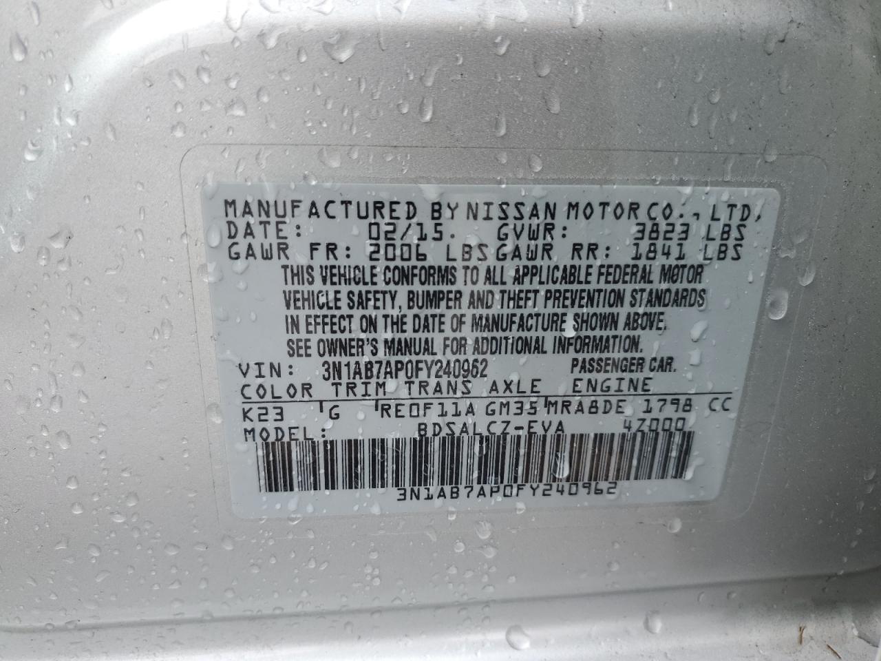 3N1AB7AP0FY240962 2015 Nissan Sentra S