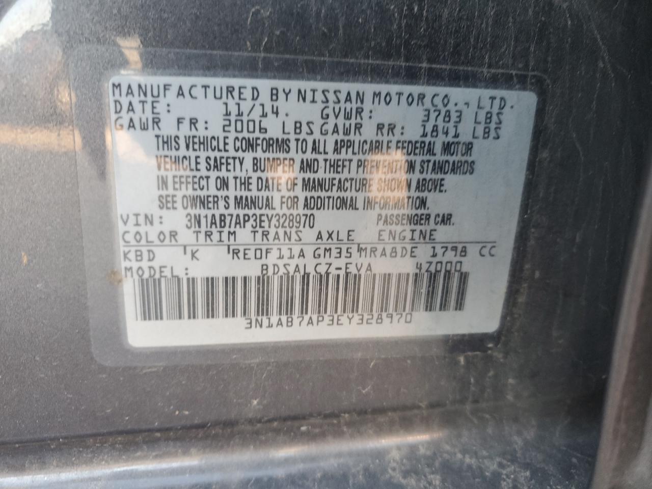 3N1AB7AP3EY328970 2014 Nissan Sentra S