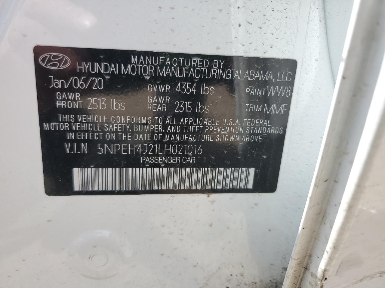 5NPEH4J21LH021016 2020 Hyundai Sonata Limited