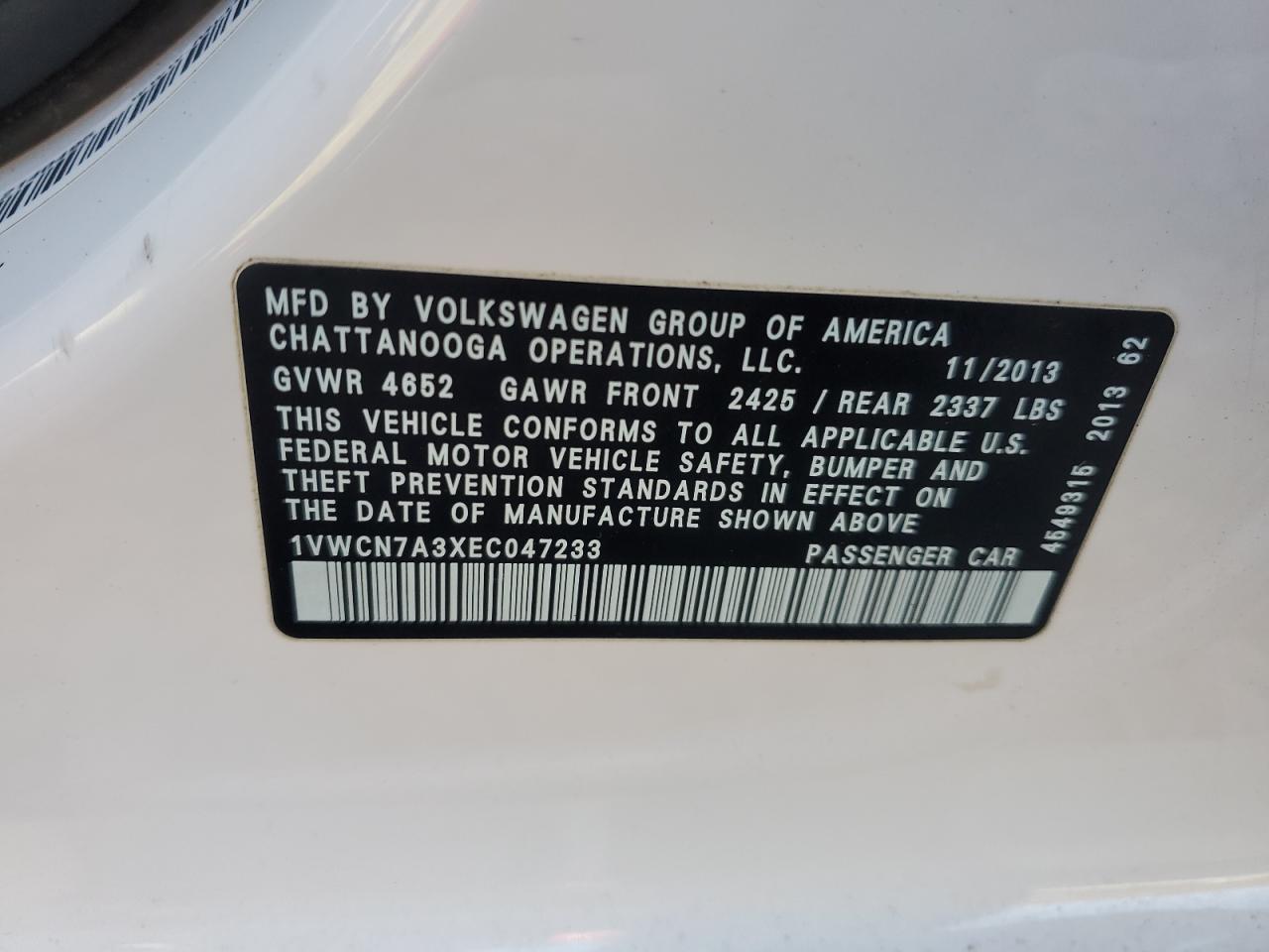 1VWCN7A3XEC047233 2014 Volkswagen Passat Sel