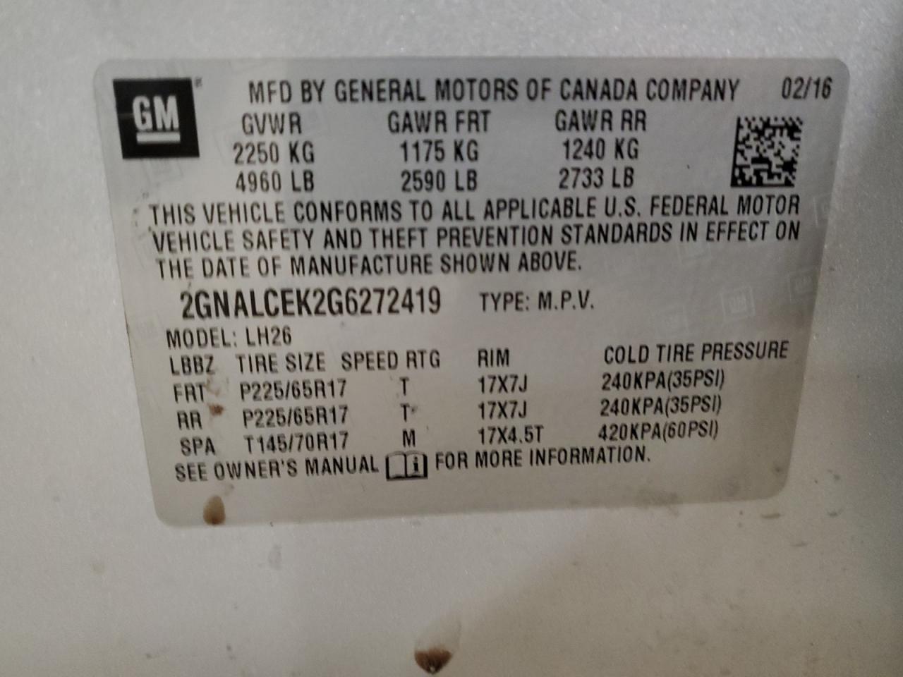 2GNALCEK2G6272419 2016 Chevrolet Equinox Lt