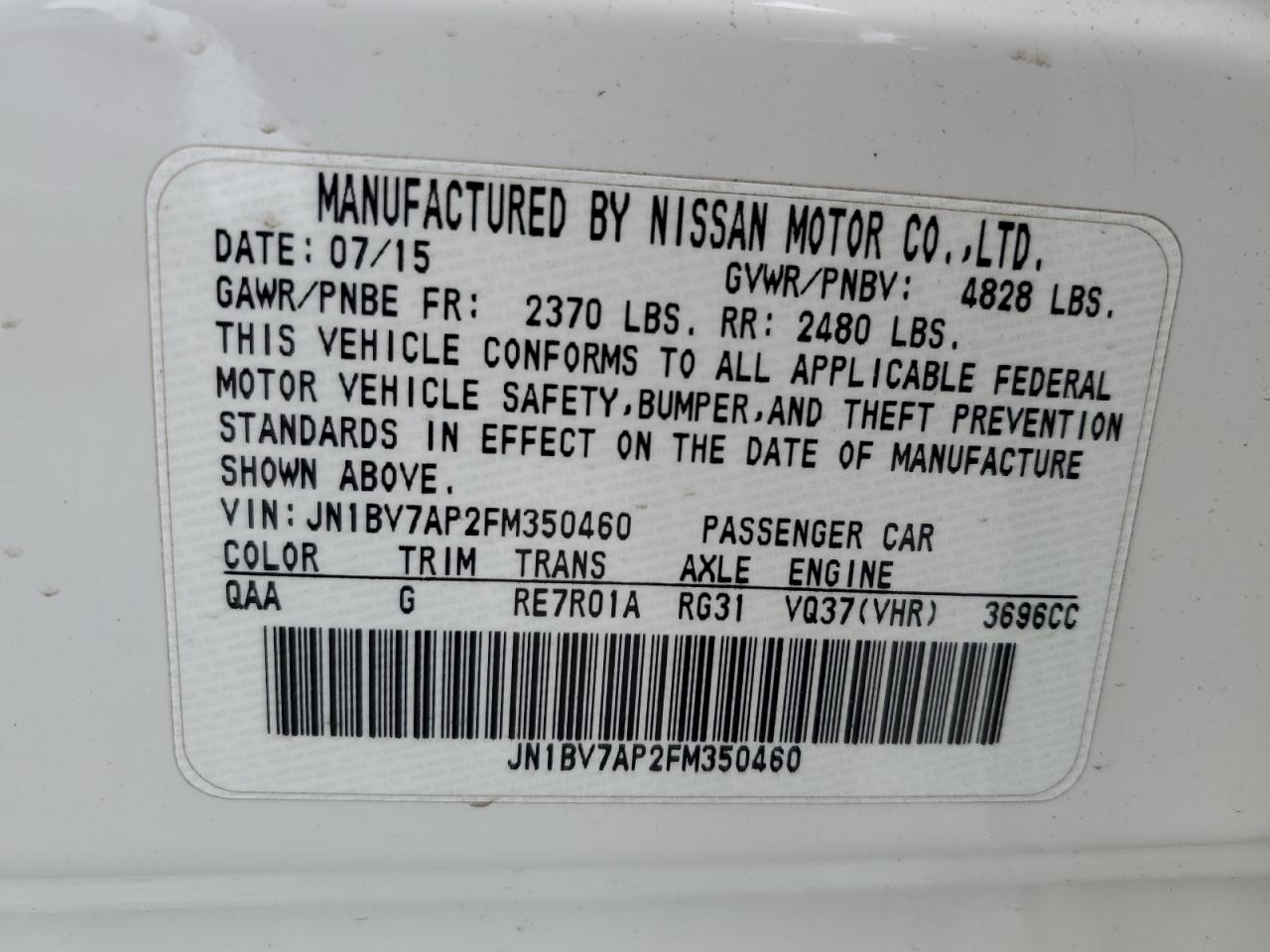 JN1BV7AP2FM350460 2015 Infiniti Q50 Base