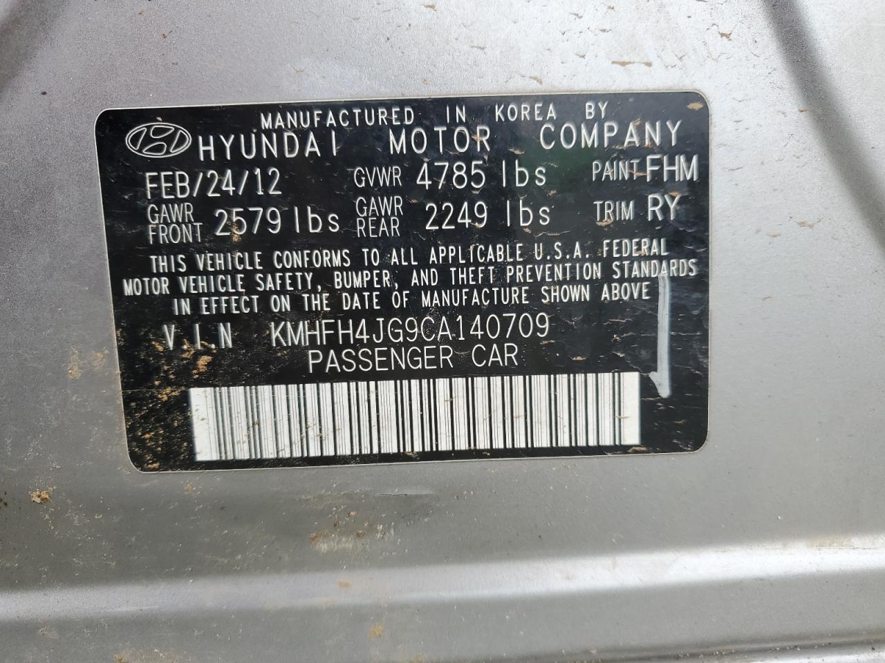 KMHFH4JG9CA140709 2012 Hyundai Azera Gls