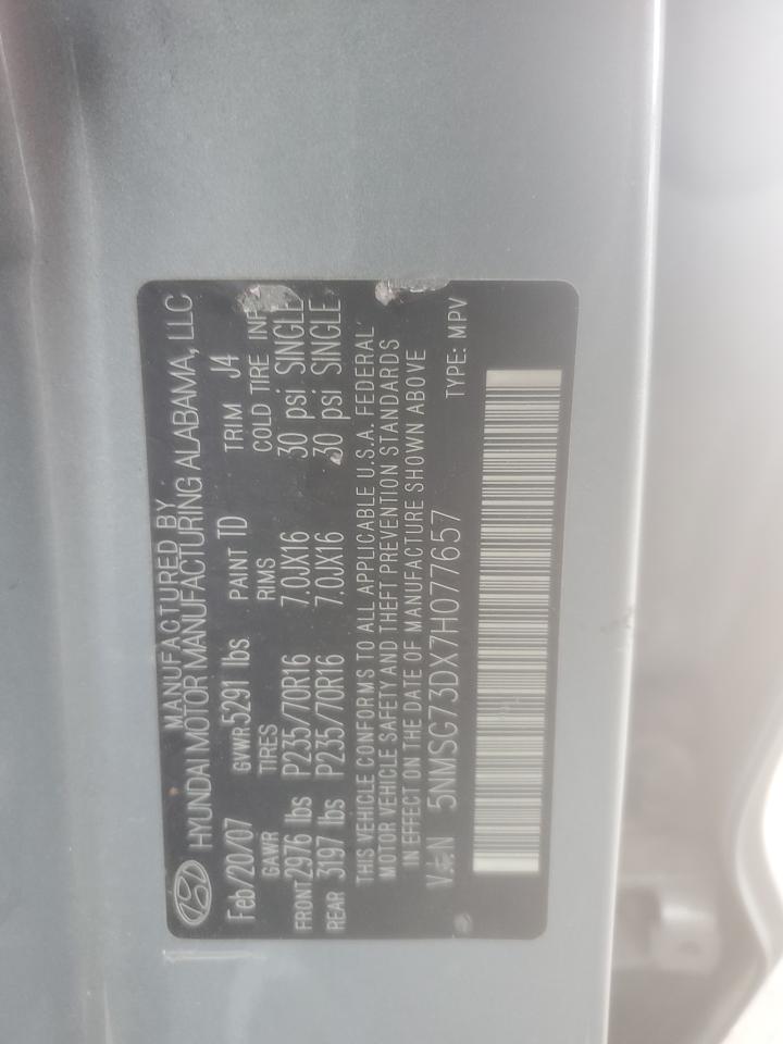 5NMSG73DX7H077657 2007 Hyundai Santa Fe Gls