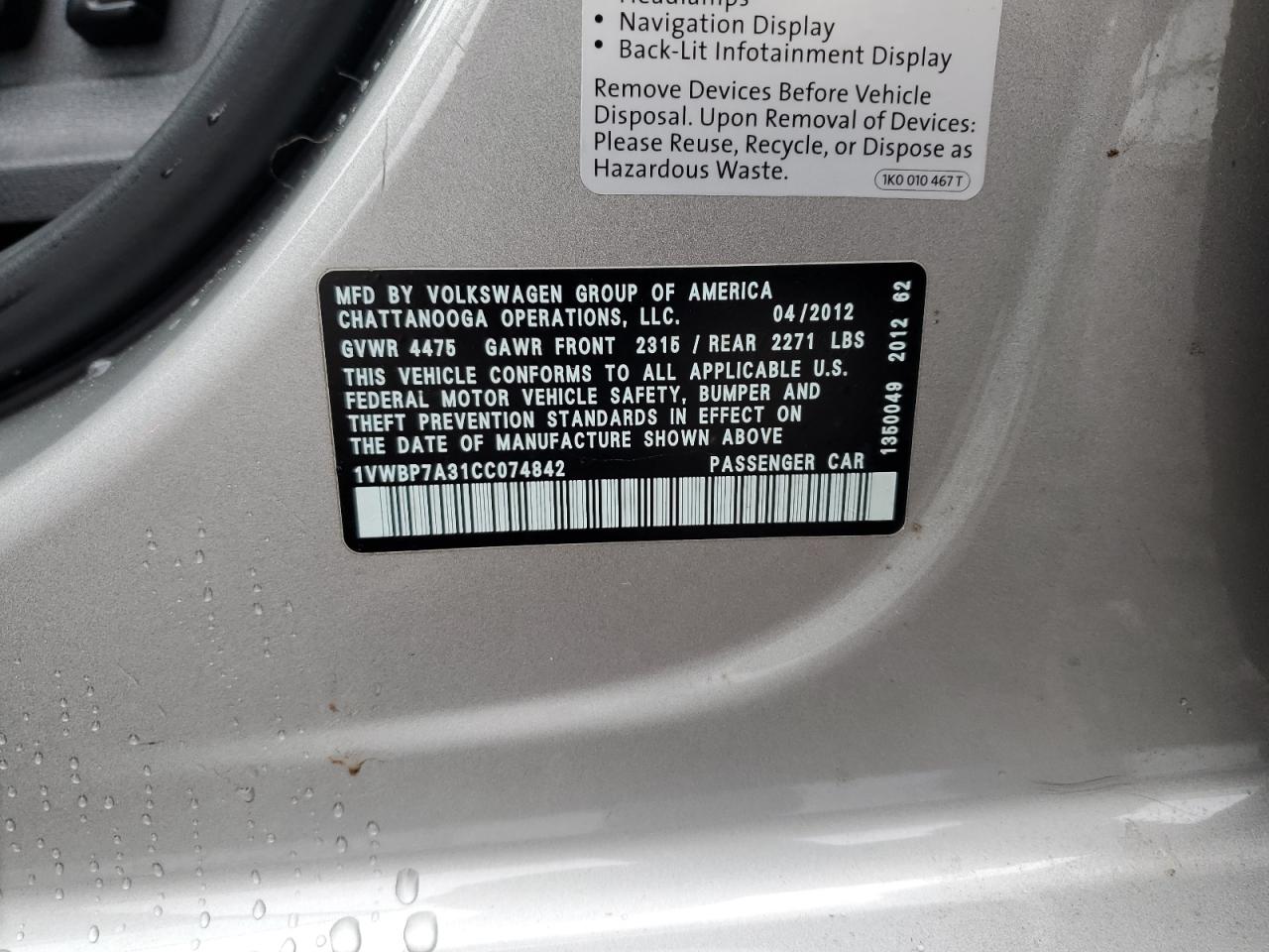 1VWBP7A31CC074842 2012 Volkswagen Passat Se