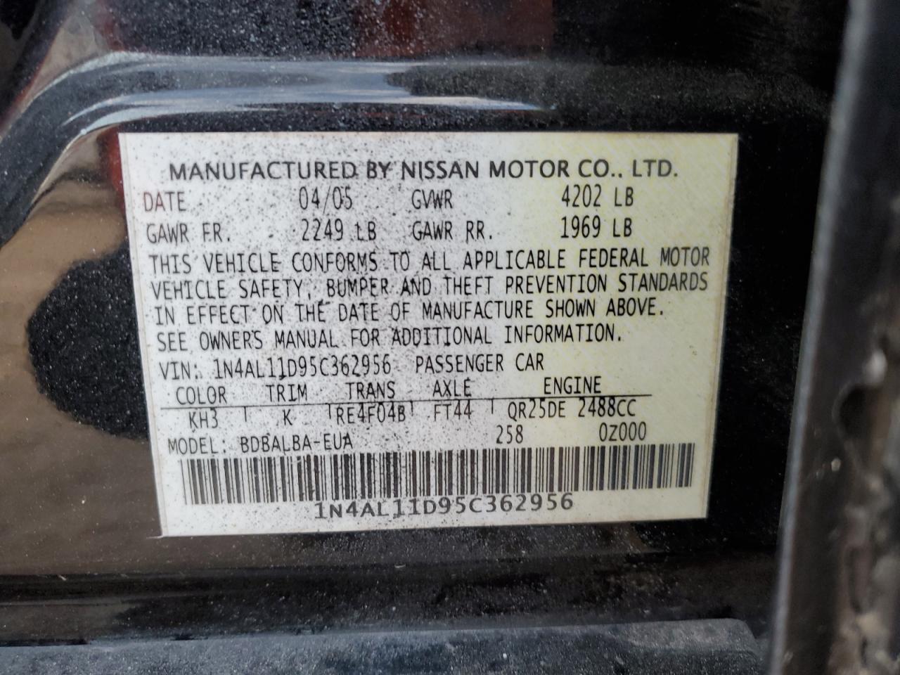 1N4AL11D95C362956 2005 Nissan Altima S