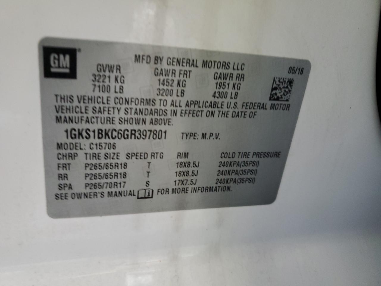 1GKS1BKC6GR397801 2016 GMC Yukon Slt