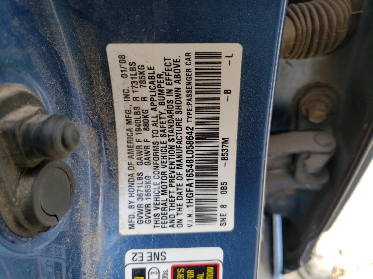 1HGFA16548L058642 2008 Honda Civic Lx