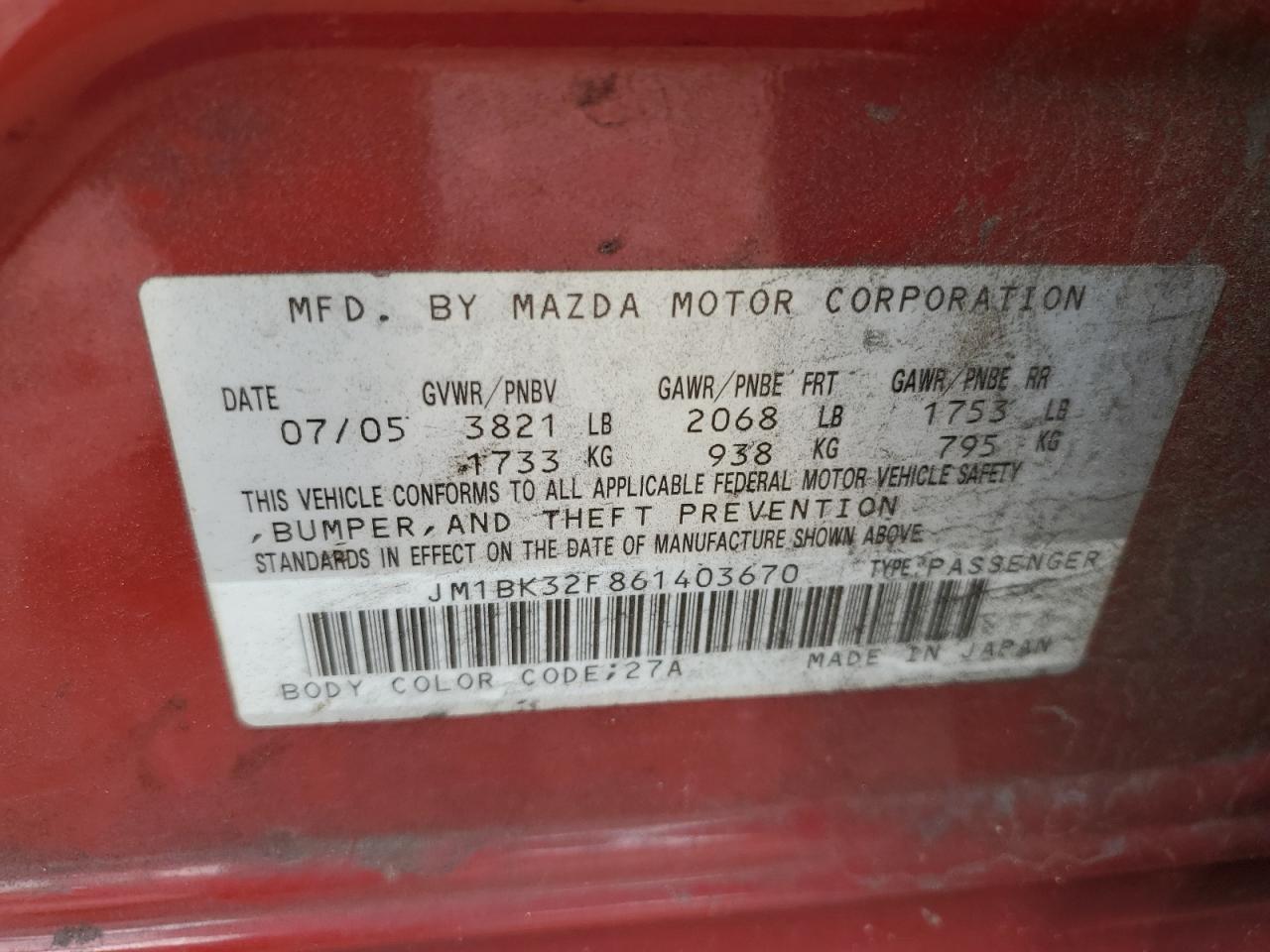 JM1BK32F861403670 2006 Mazda 3 I