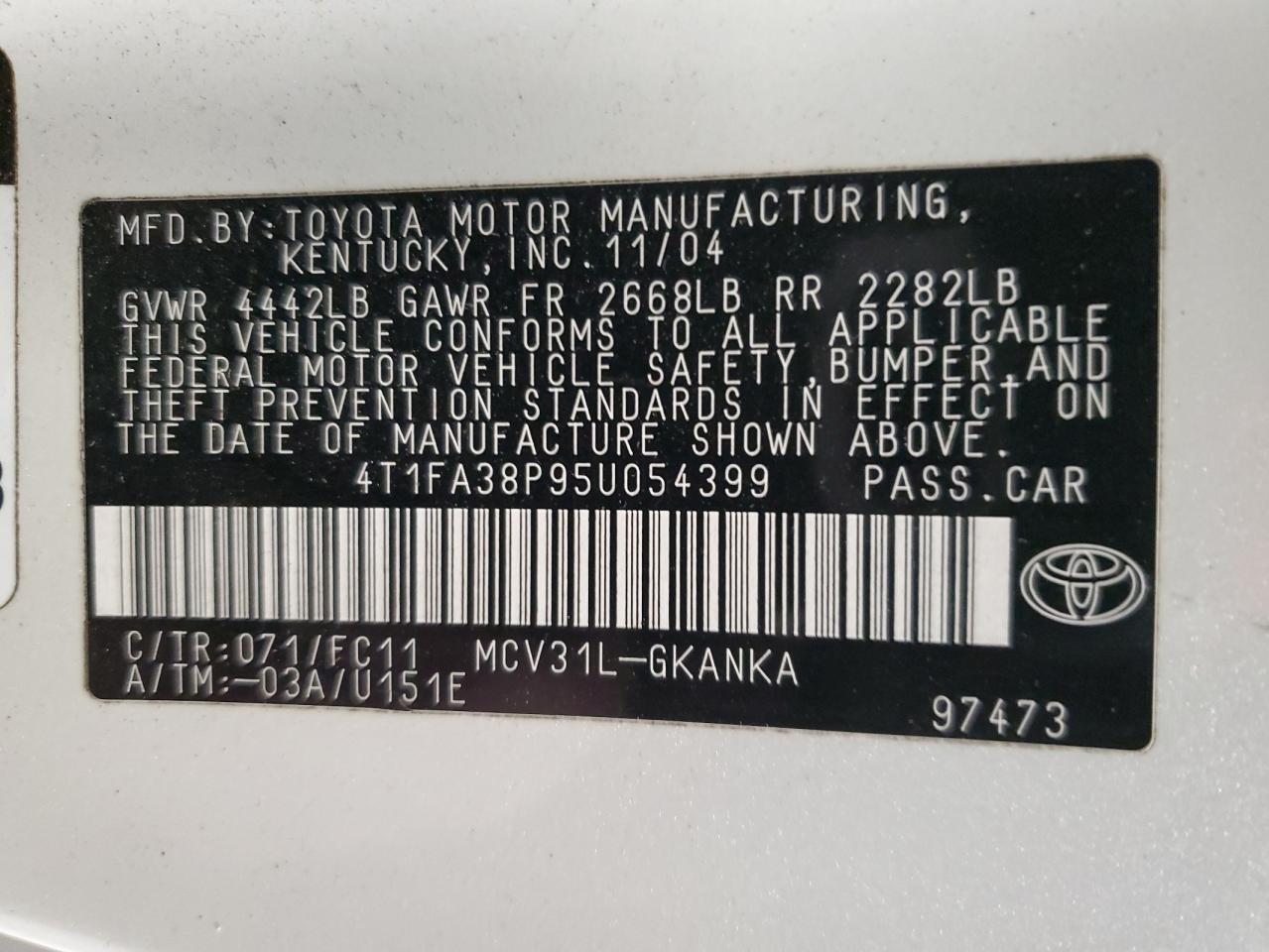 4T1FA38P95U054399 2005 Toyota Camry Solara Se