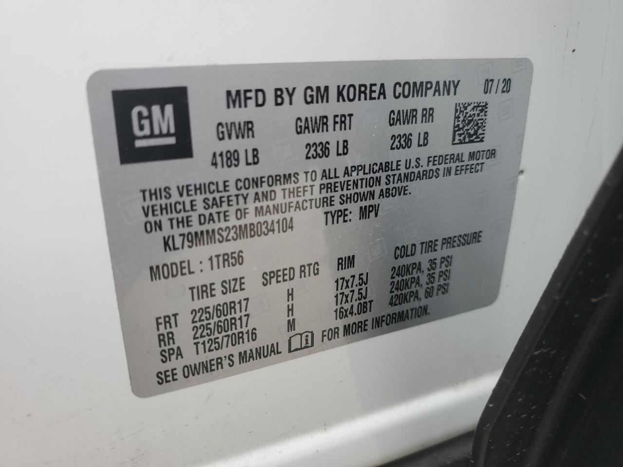 VIN: KL79MMS23MB034104 2021 CHEVROLET TRAILBLZR