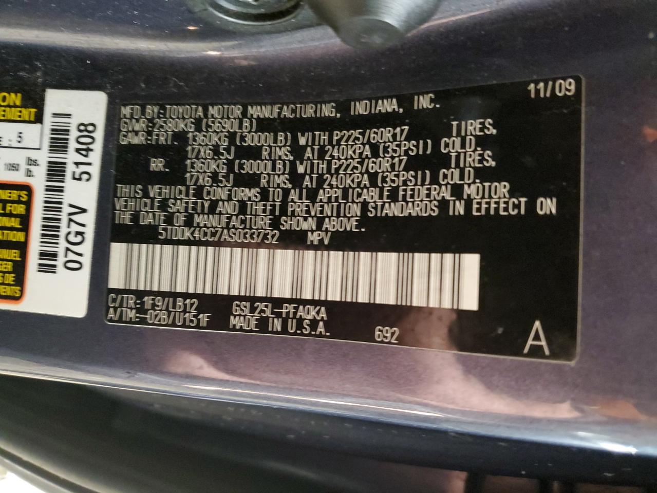 5TDDK4CC7AS033732 2010 Toyota Sienna Xle