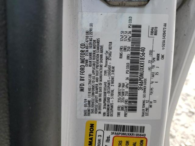 VIN 3FA6P0MUXKR185640 2019 Ford Fusion, Sel no.12