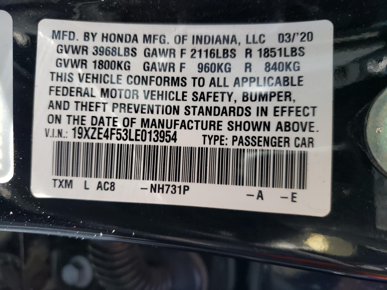 19XZE4F53LE013954 2020 Honda Insight Ex