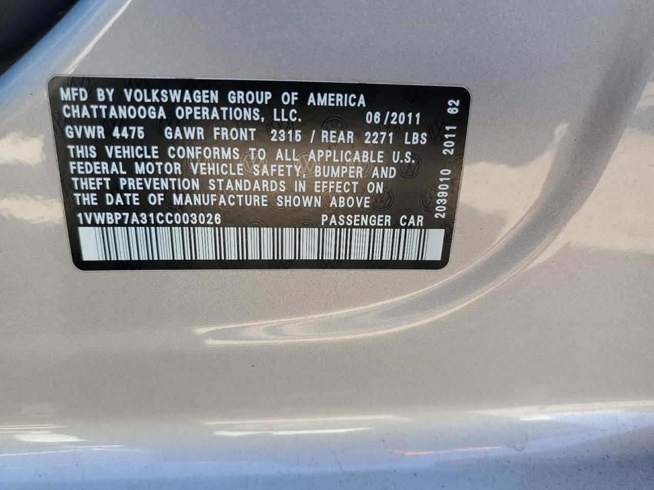 1VWBP7A31CC003026 2012 Volkswagen Passat Se