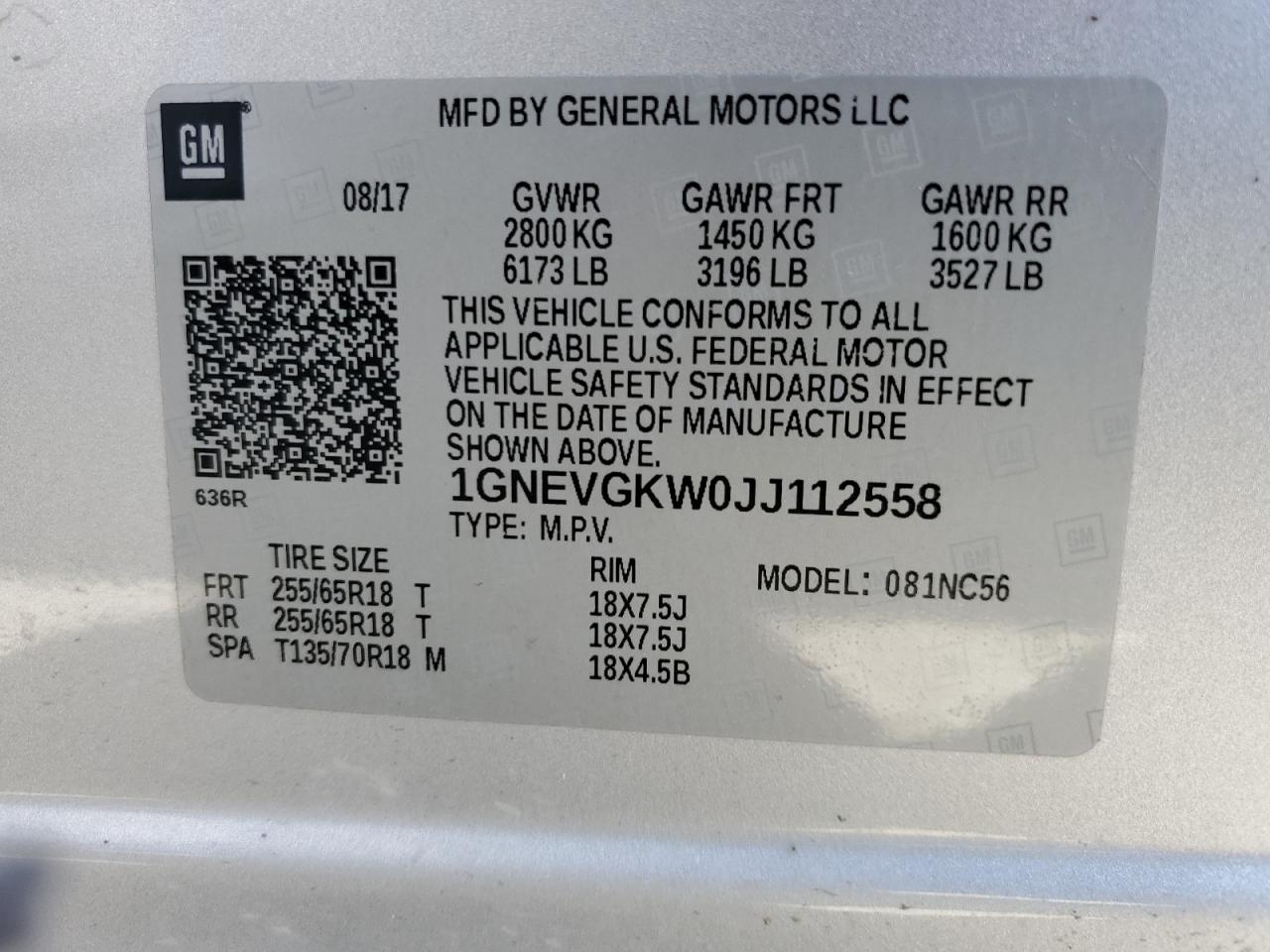 1GNEVGKW0JJ112558 2018 Chevrolet Traverse Lt