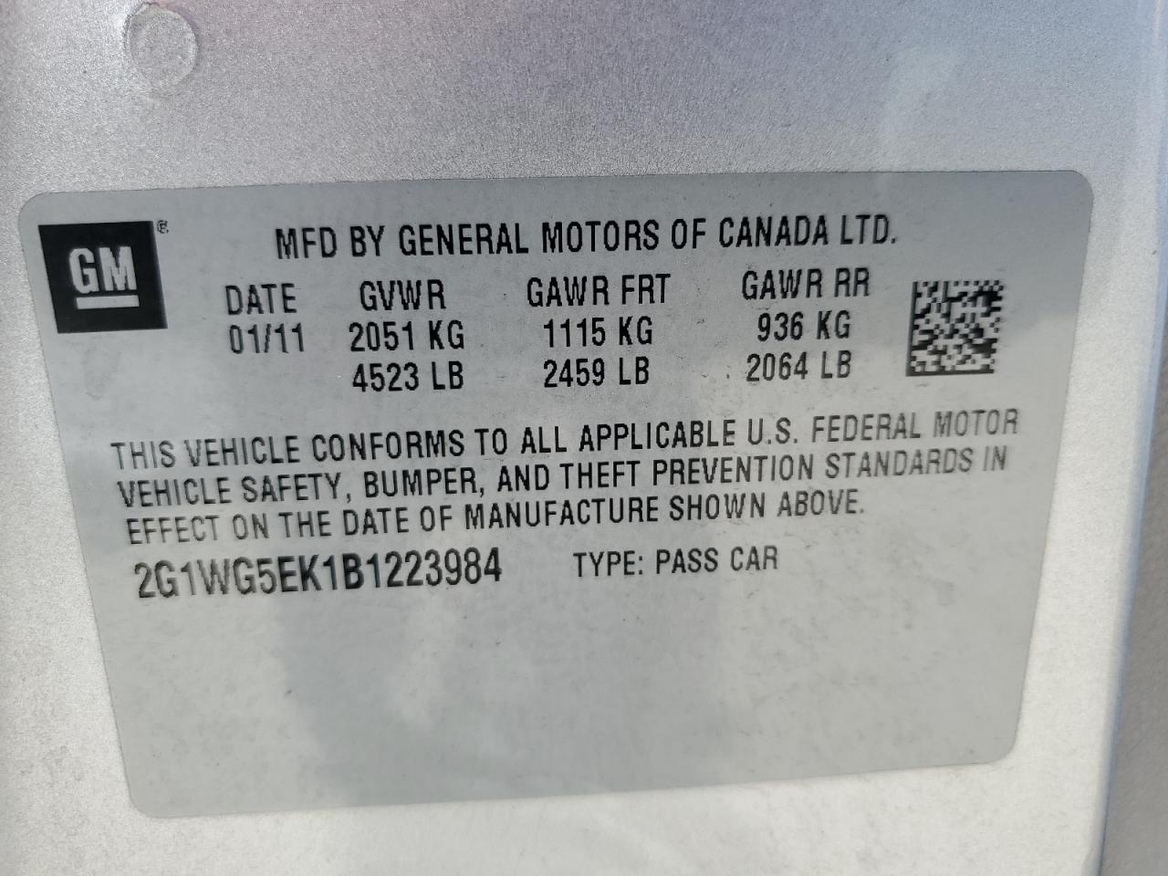 2G1WG5EK1B1223984 2011 Chevrolet Impala Lt