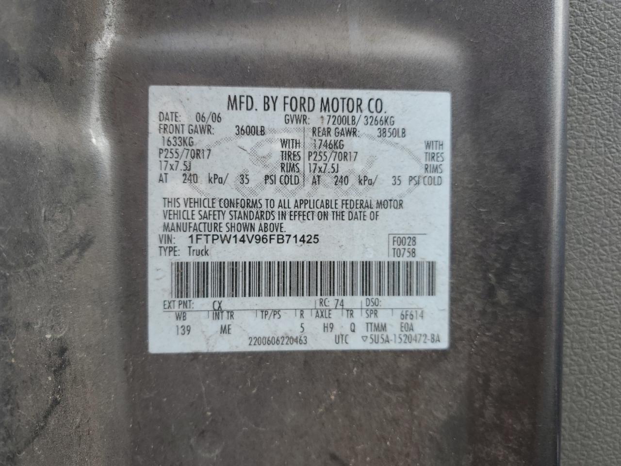 1FTPW14V96FB71425 2006 Ford F150 Supercrew