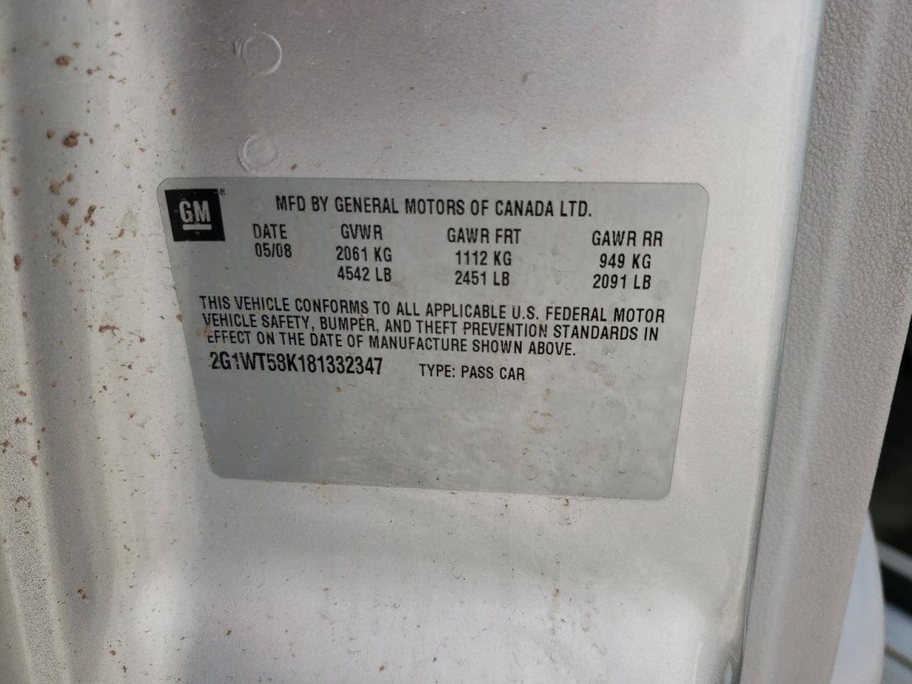 2G1WT58K181332347 2008 Chevrolet Impala Lt