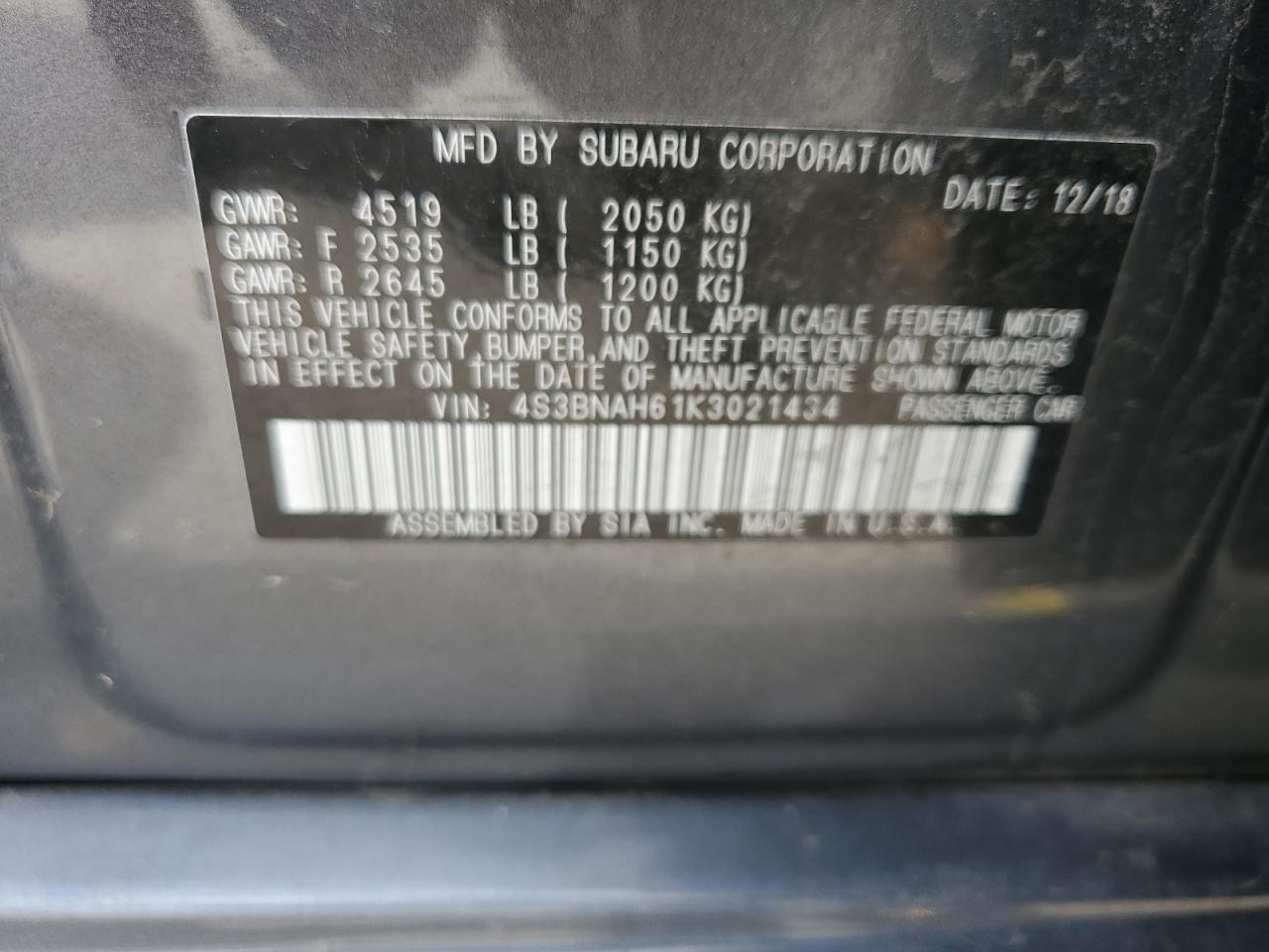 2019 Subaru Legacy 2.5 2.5L(VIN: 4S3BNAH61K3021434