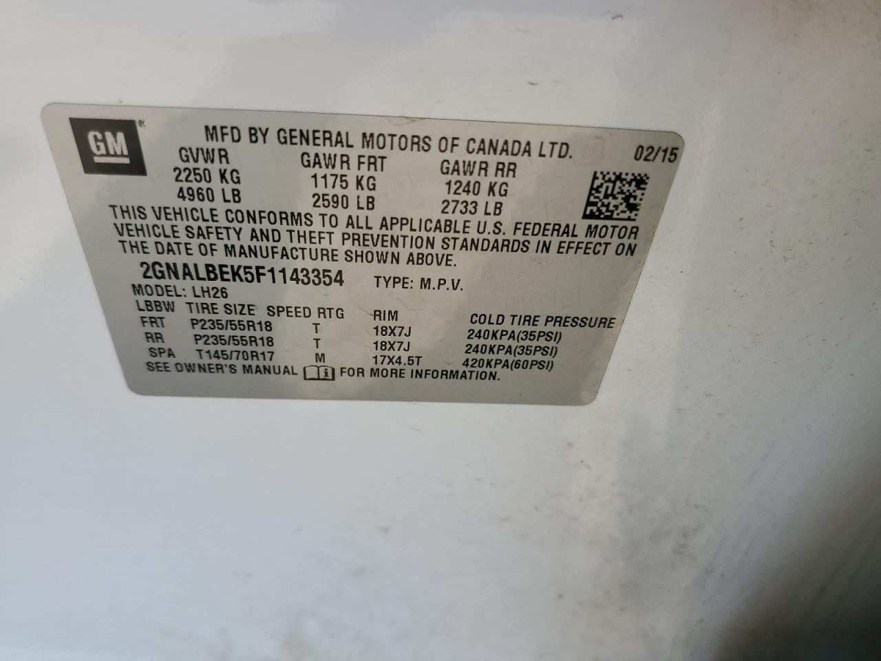 2GNALBEK5F1143354 2015 Chevrolet Equinox Lt