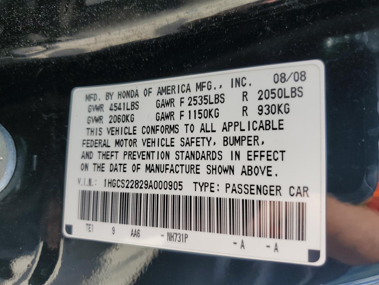 1HGCS22829A000905 2009 Honda Accord Exl