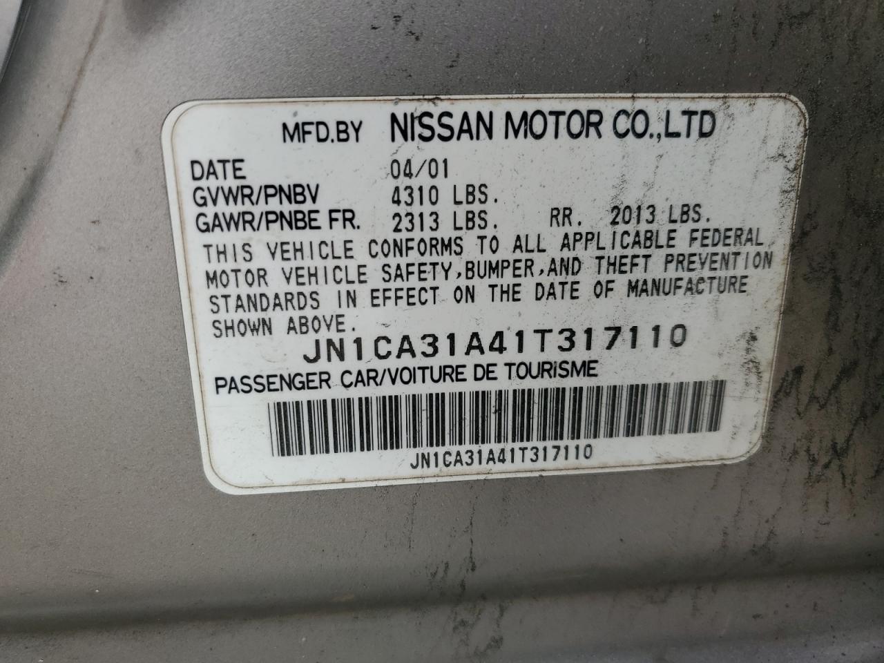 JN1CA31A41T317110 2001 Nissan Maxima Gxe