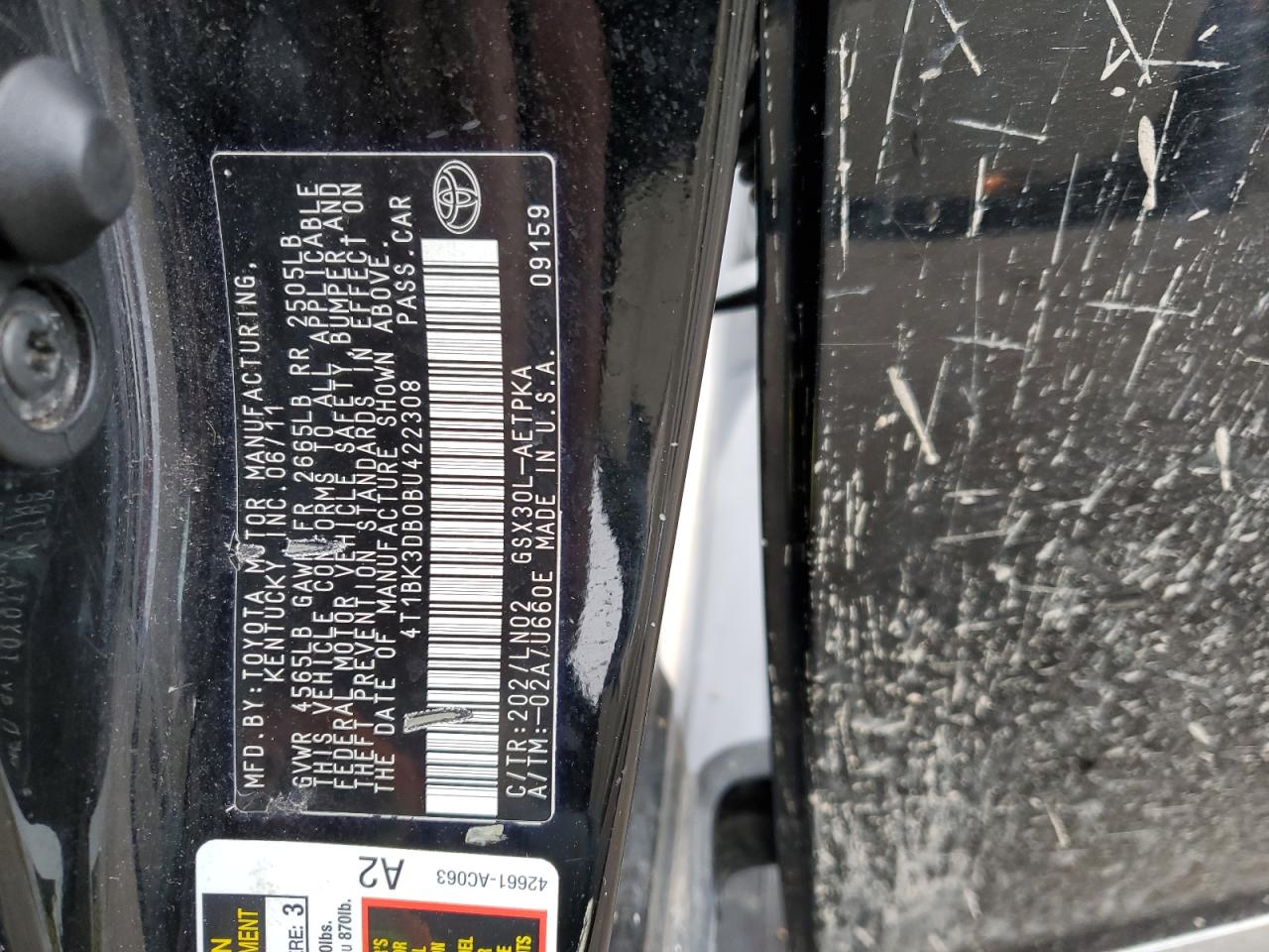 4T1BK3DB0BU422308 2011 Toyota Avalon Base