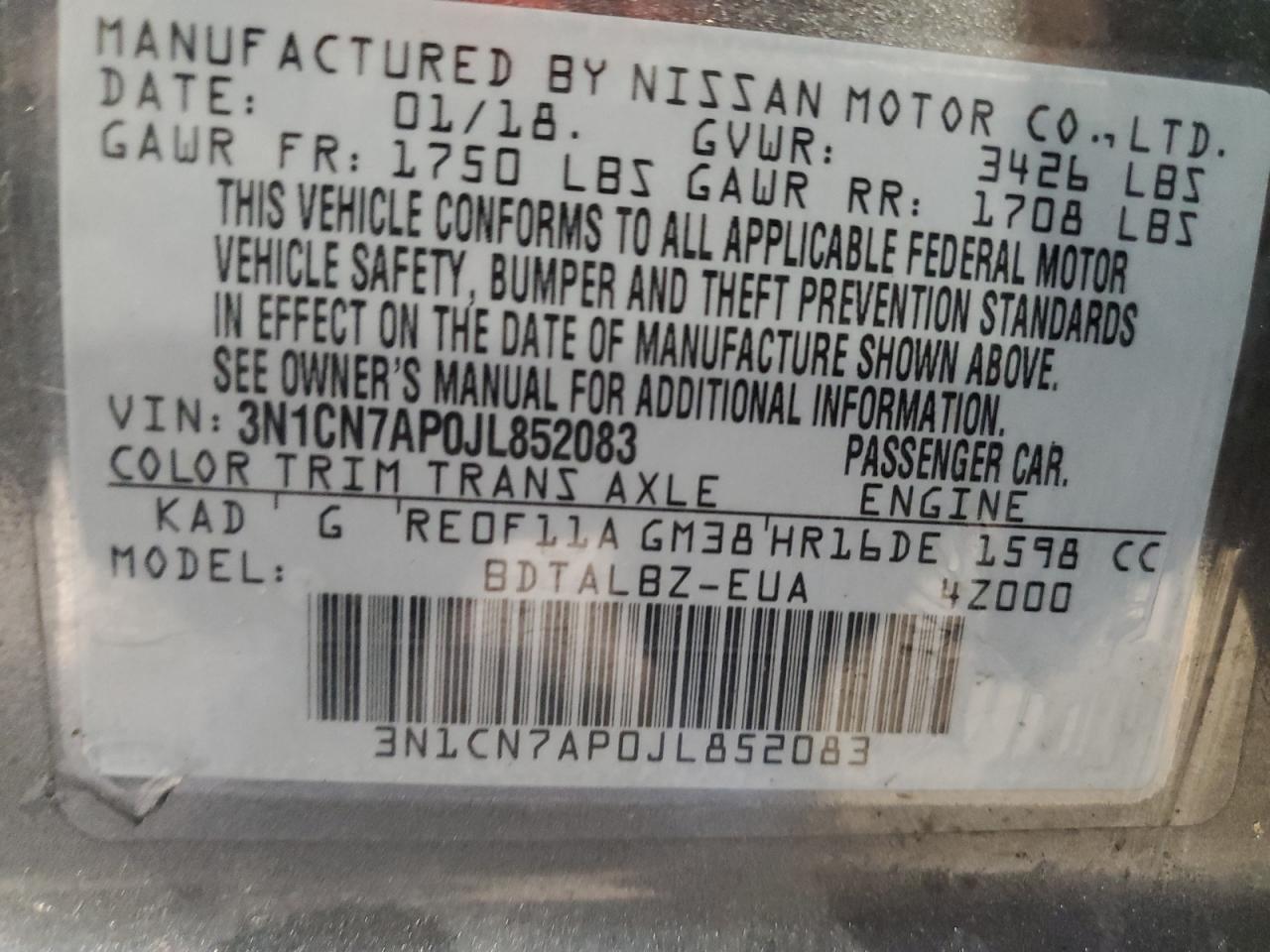 3N1CN7AP0JL852083 2018 Nissan Versa S