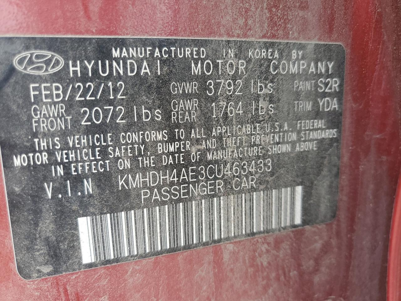KMHDH4AE3CU463433 2012 Hyundai Elantra Gls