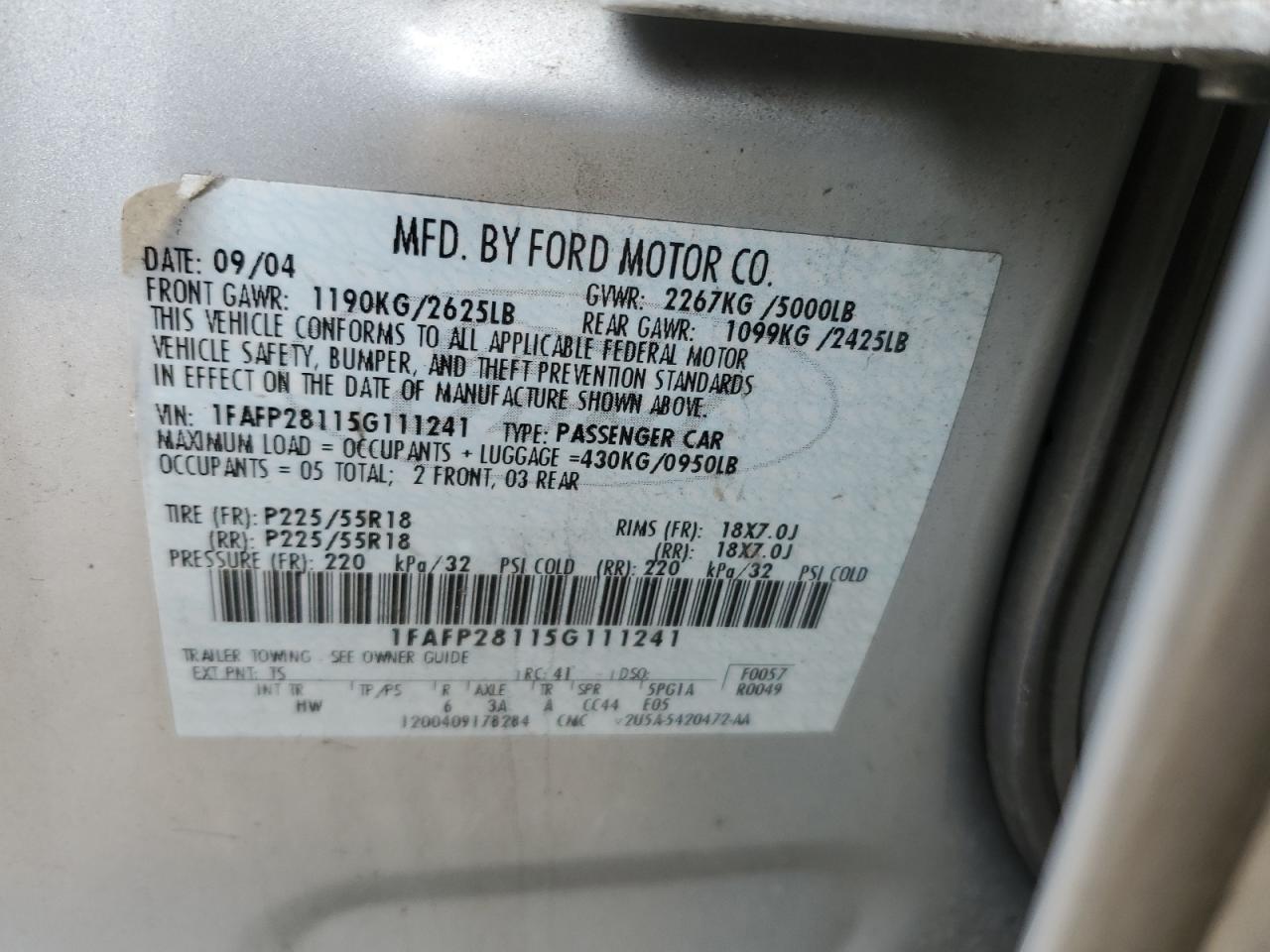 1FAFP28115G111241 2005 Ford Five Hundred Limited