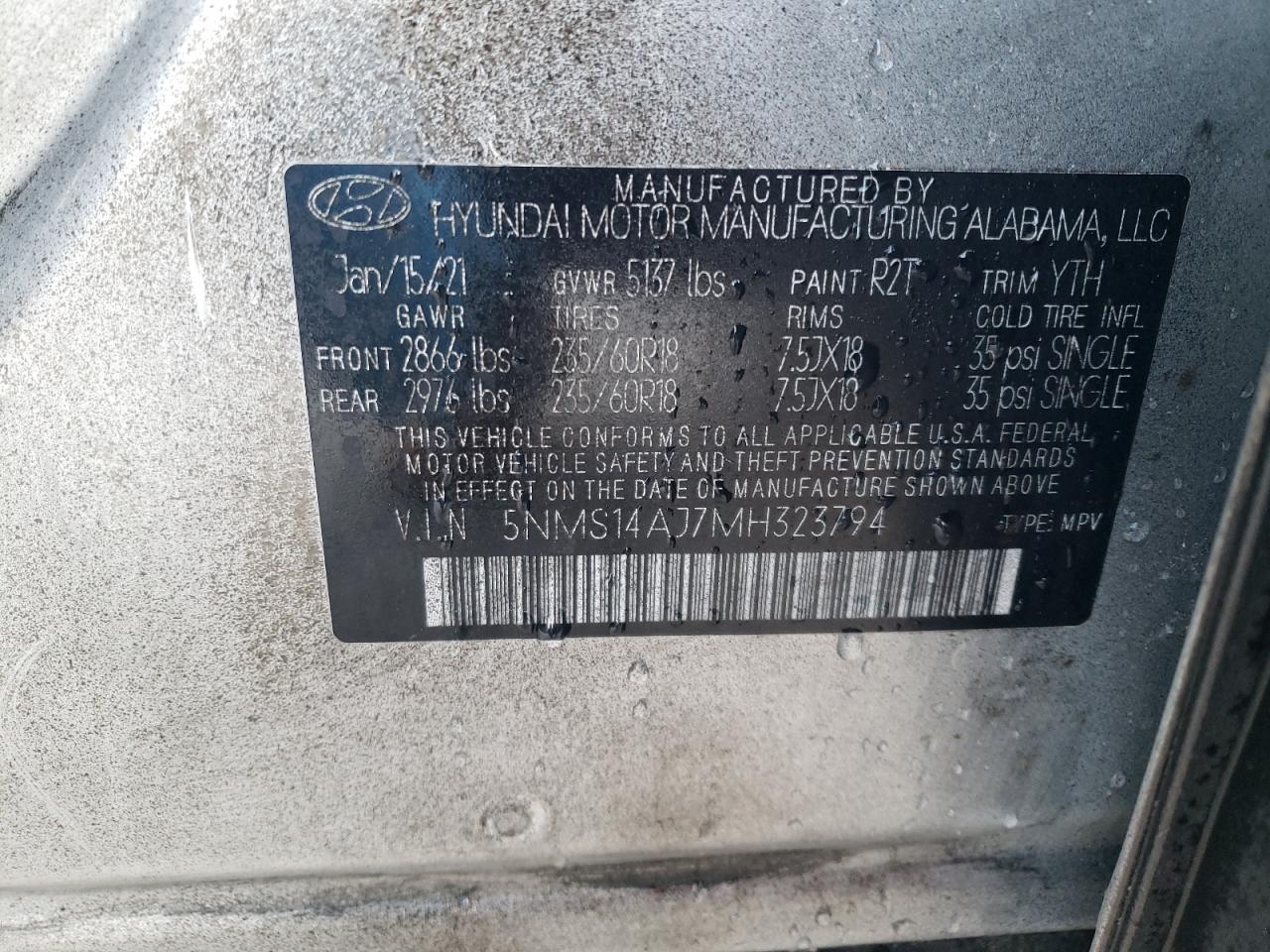 5NMS14AJ7MH323794 2021 Hyundai Santa Fe Se