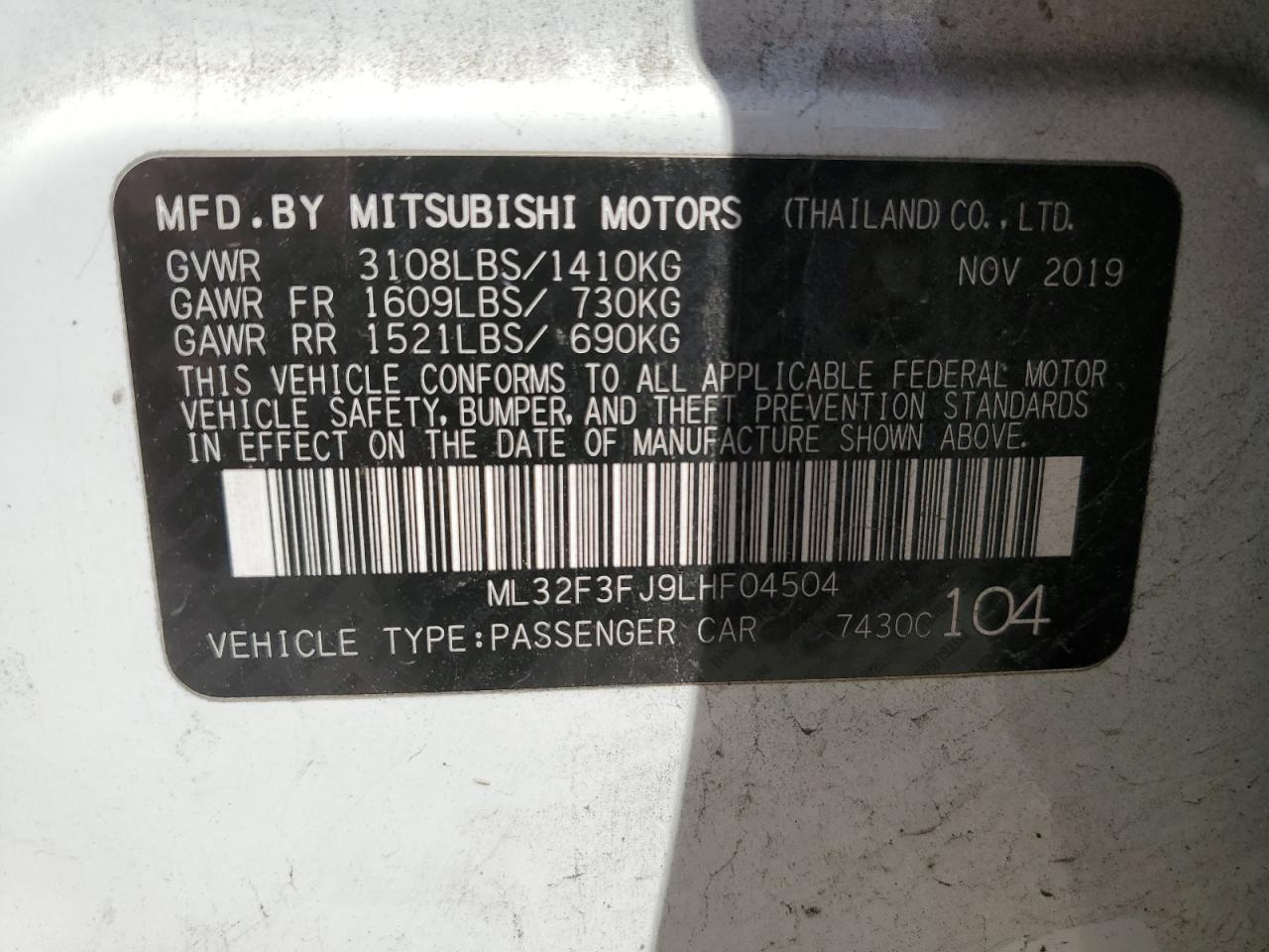 ML32F3FJ9LHF04504 2020 Mitsubishi Mirage G4 Es