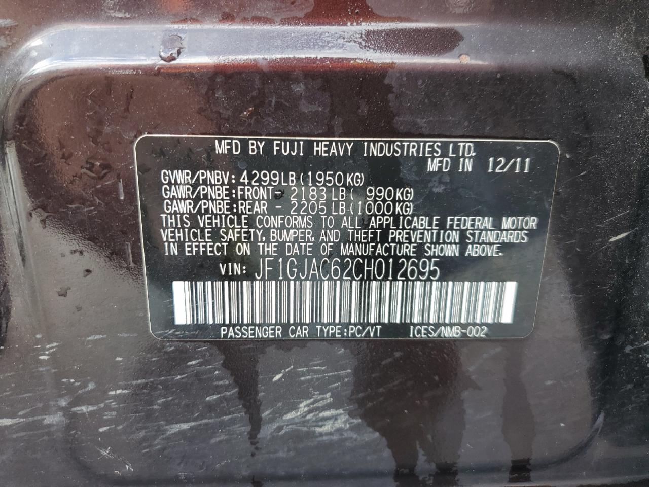 JF1GJAC62CH012695 2012 Subaru Impreza Premium