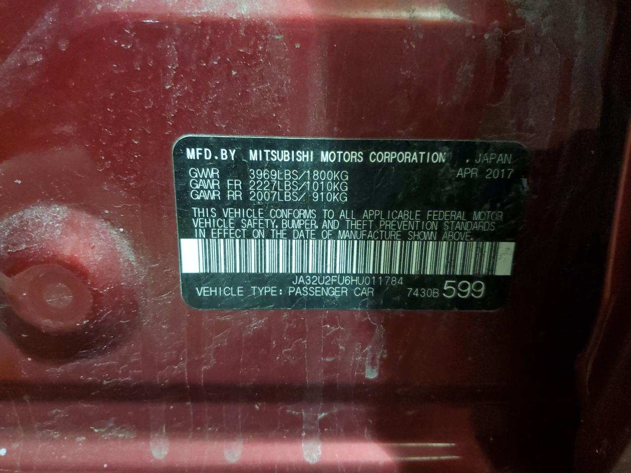 JA32U2FU6HU011784 2017 Mitsubishi Lancer Es