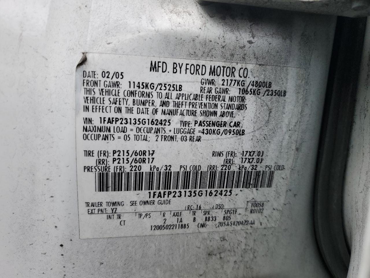 1FAFP23135G162425 2005 Ford Five Hundred Se