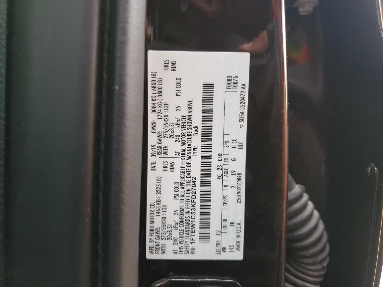VIN: 1FTEW1C53KFD27042 2019 FORD F-150
