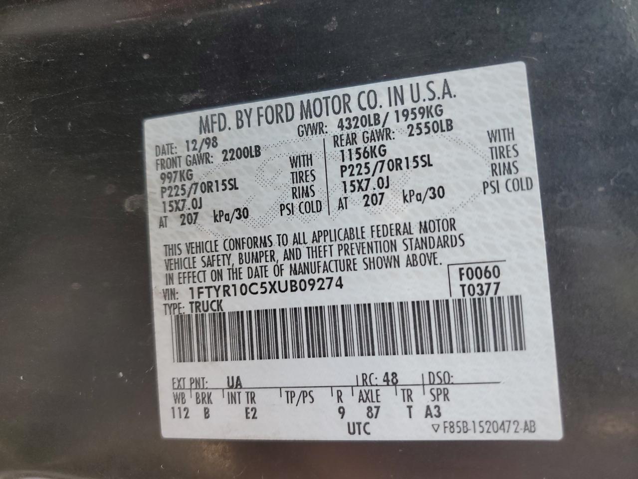 1FTYR10C5XUB09274 1999 Ford Ranger