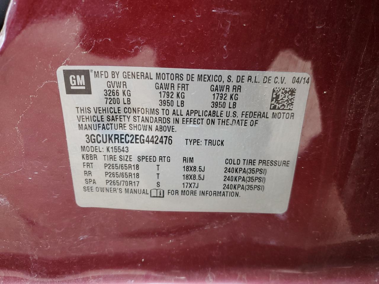 3GCUKREC2EG442476 2014 Chevrolet Silverado K1500 Lt