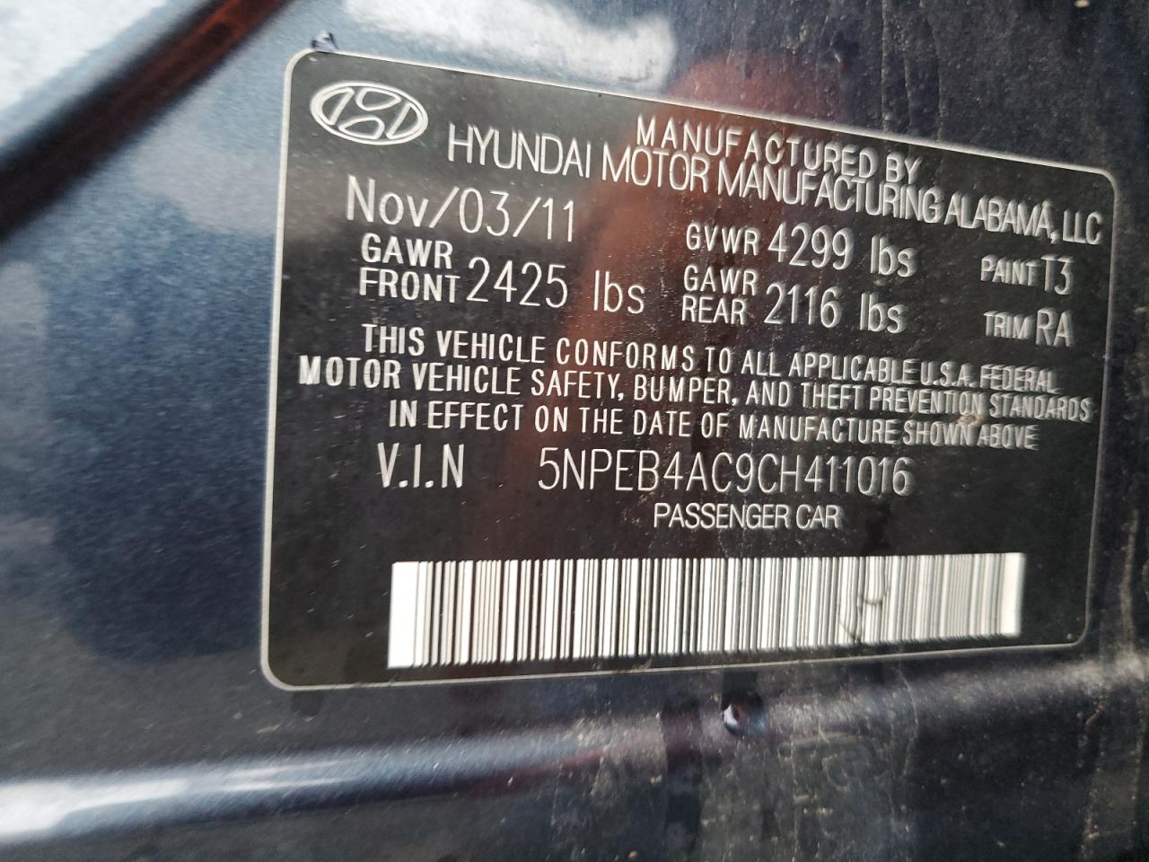 5NPEB4AC9CH411016 2012 Hyundai Sonata Gls