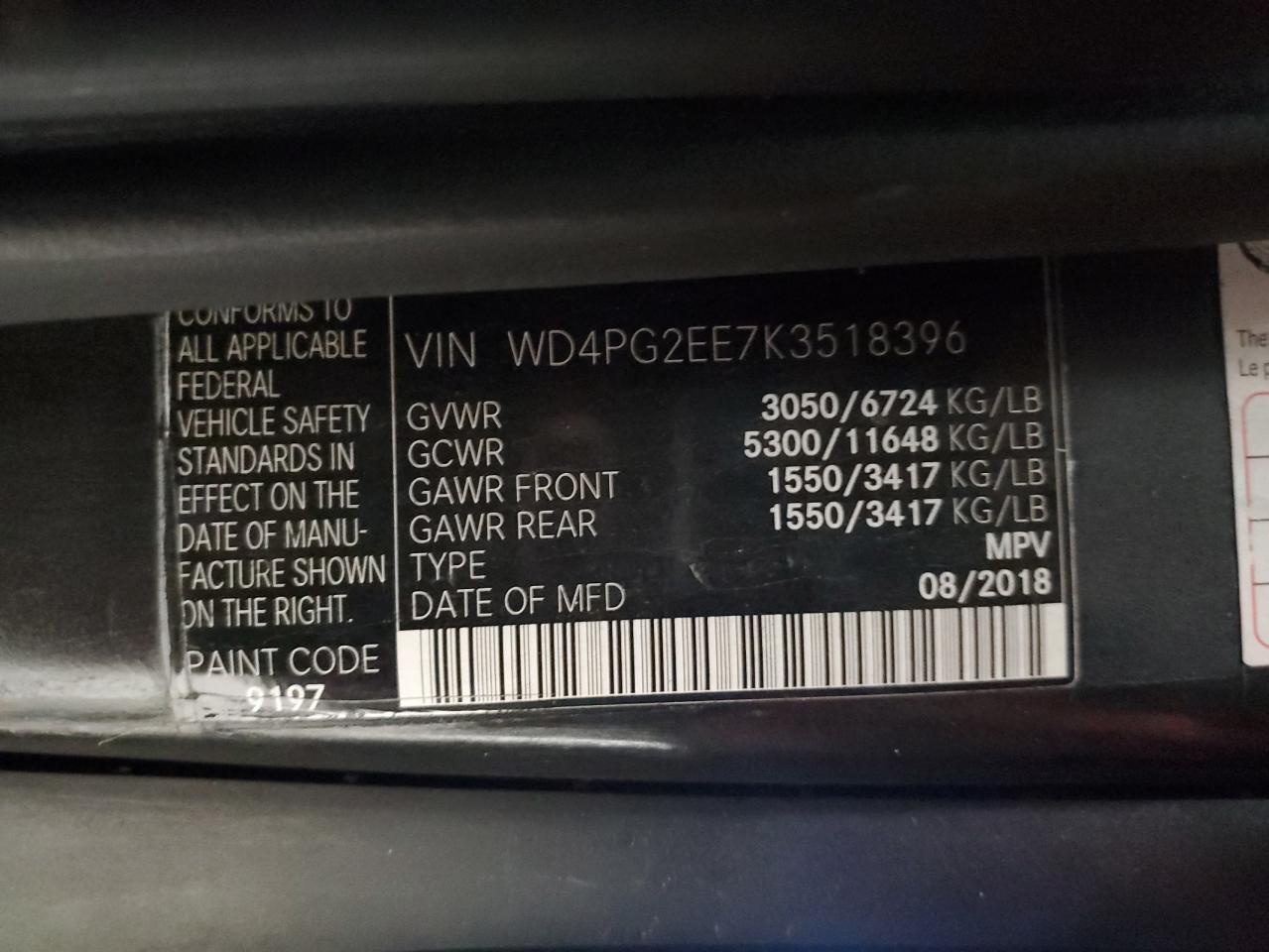 2019 Mercedes-Benz Metris vin: WD4PG2EE7K3518396