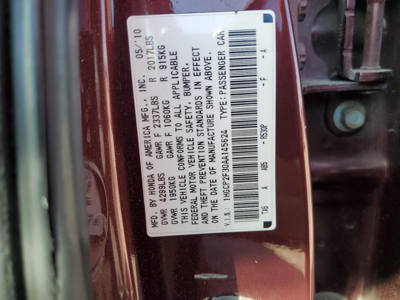 1HGCP2F30AA145624 2010 Honda Accord Lx