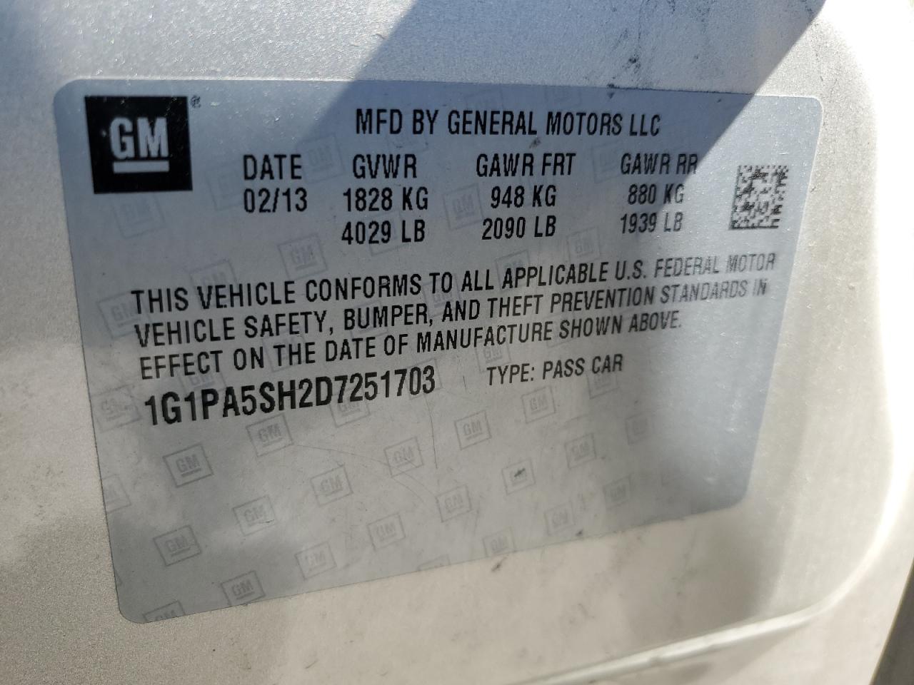 1G1PA5SH2D7251703 2013 Chevrolet Cruze Ls