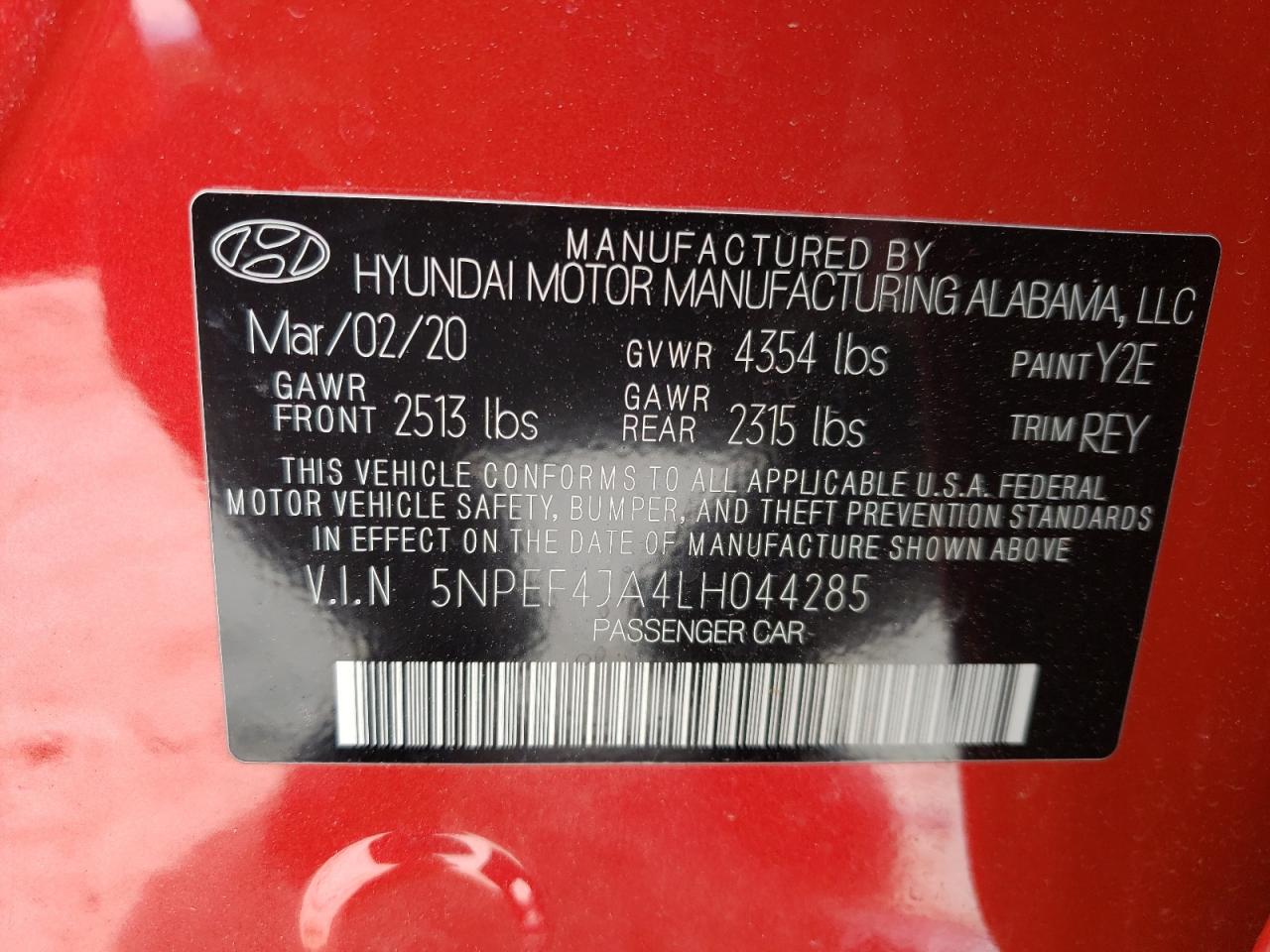 5NPEF4JA4LH044285 2020 Hyundai Sonata Sel