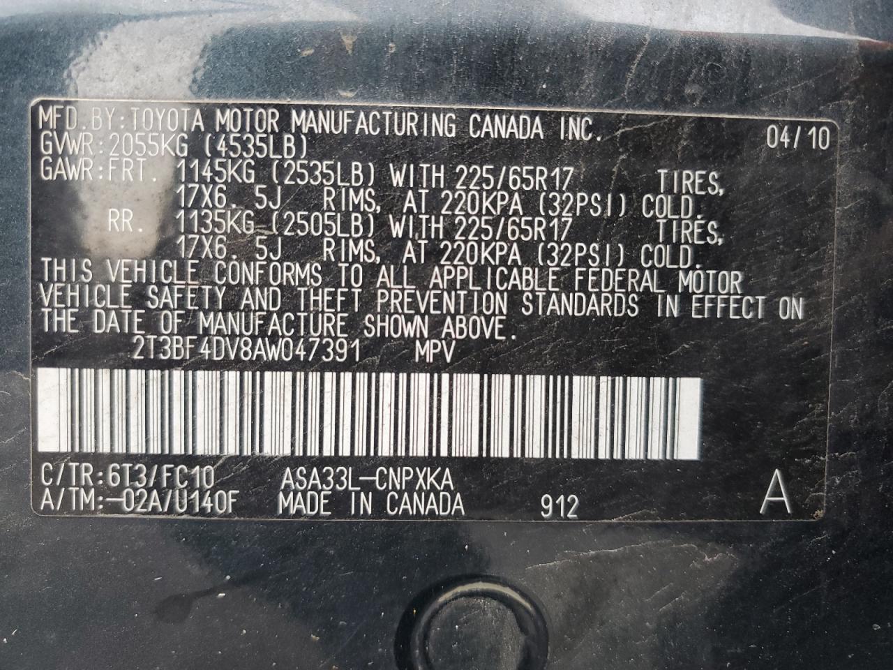 2T3BF4DV8AW047391 2010 Toyota Rav4