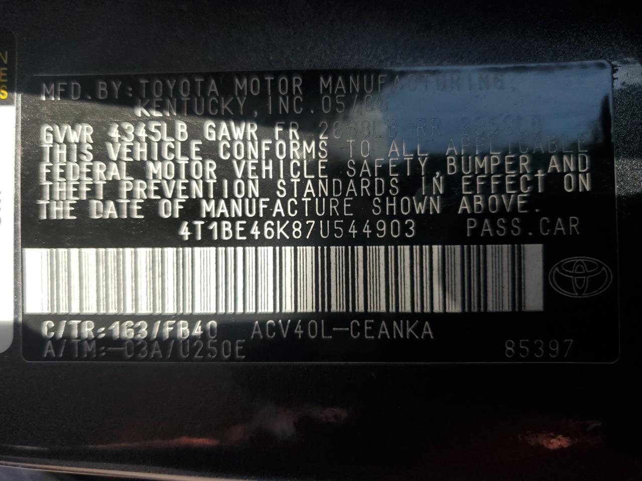 4T1BE46K87U544903 2007 Toyota Camry Ce