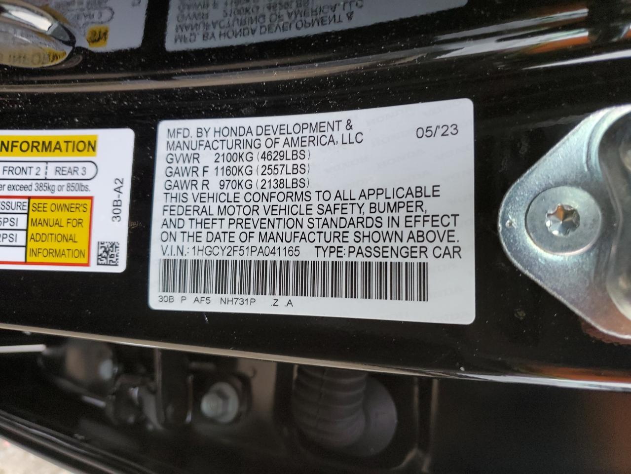 VIN: 1HGCY2F51PA041165 2023 HONDA ACCORD