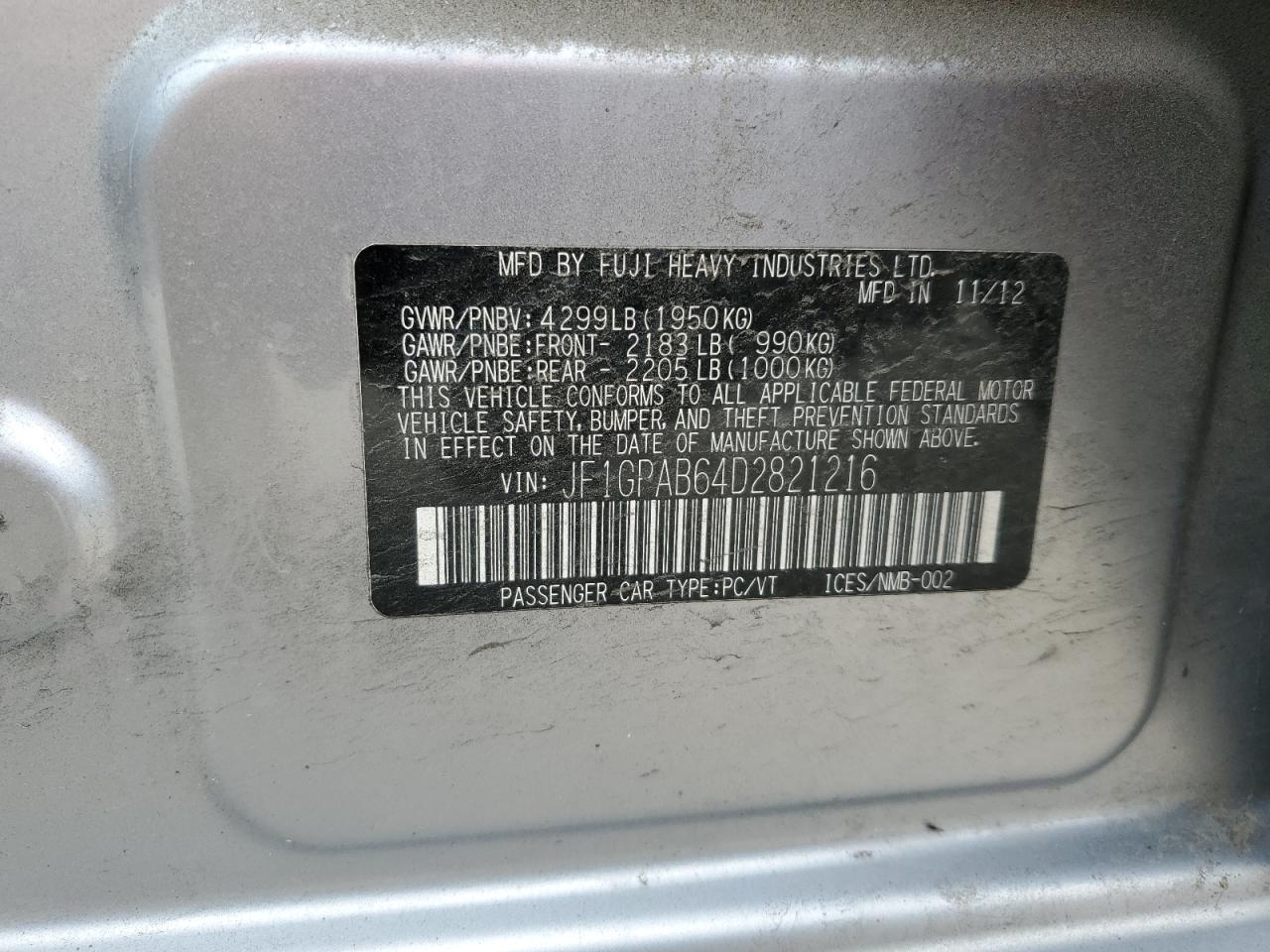 JF1GPAB64D2821216 2013 Subaru Impreza Premium