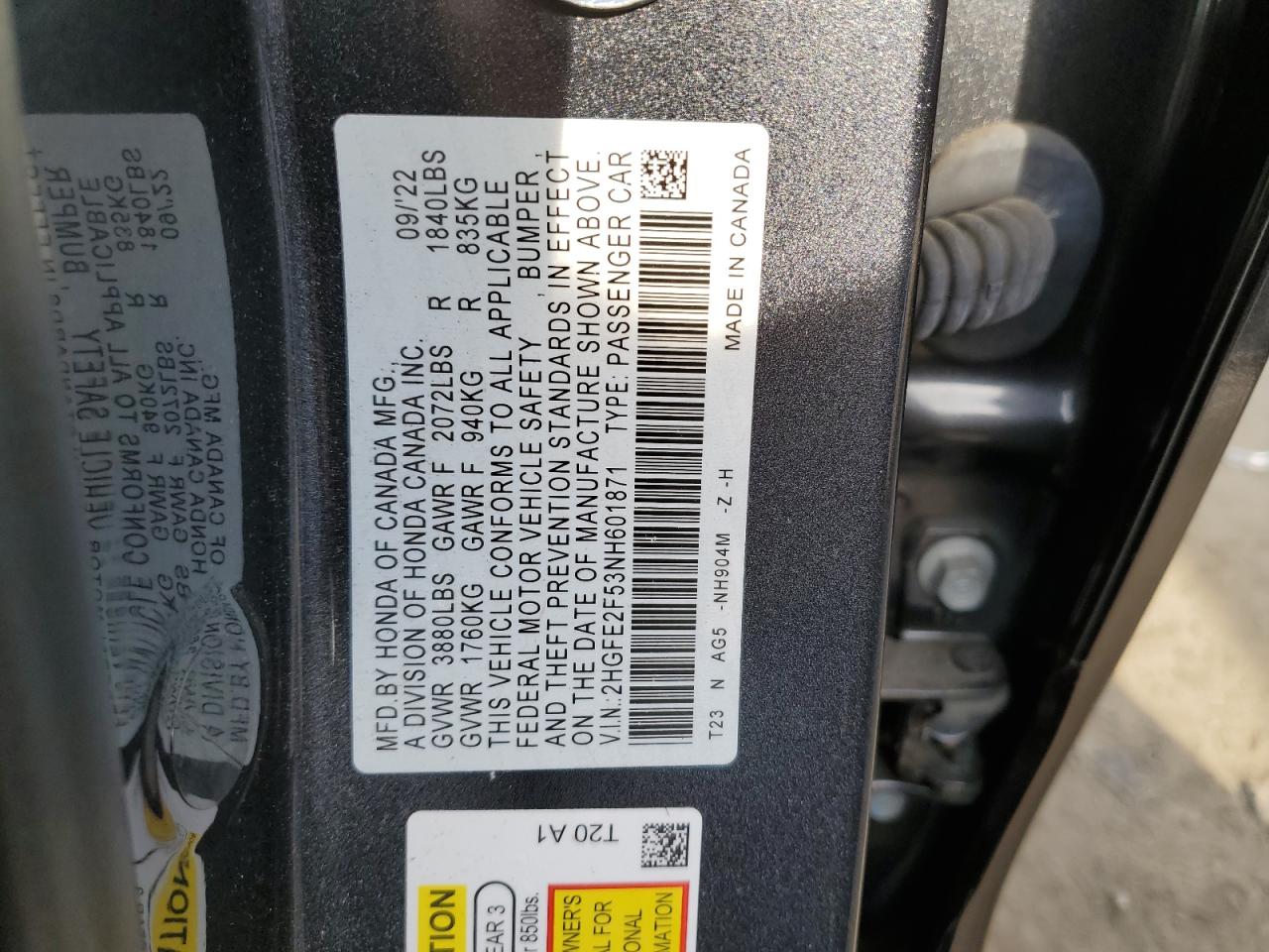 2HGFE2F53NH601871 2022 Honda Civic Sport