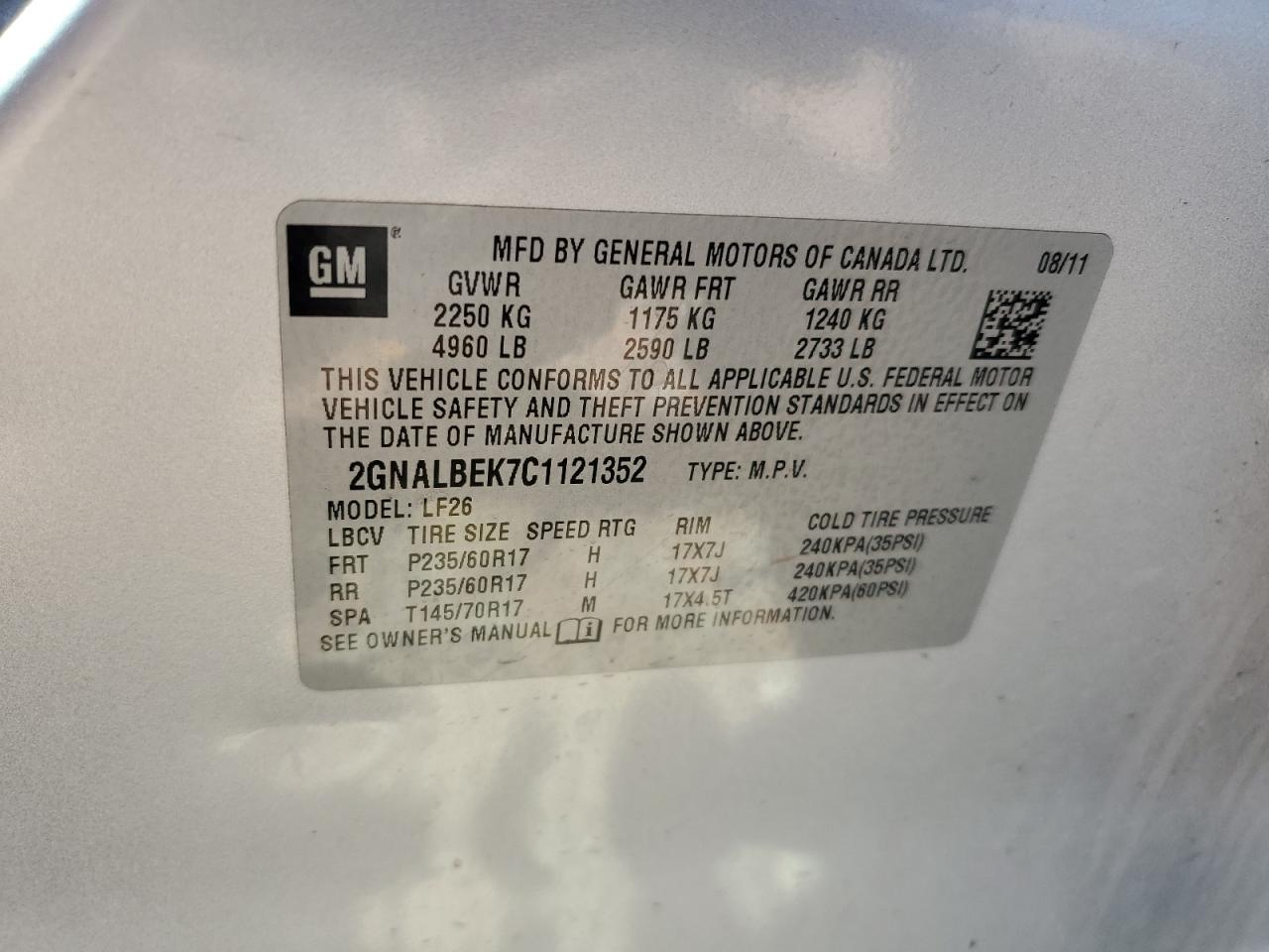 2GNALBEK7C1121352 2012 Chevrolet Equinox Ls